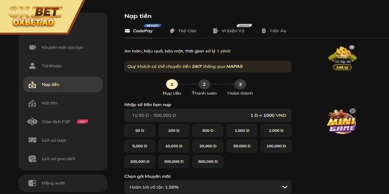 Các cách nạp tiền OXBET được sử dụng rộng rãi