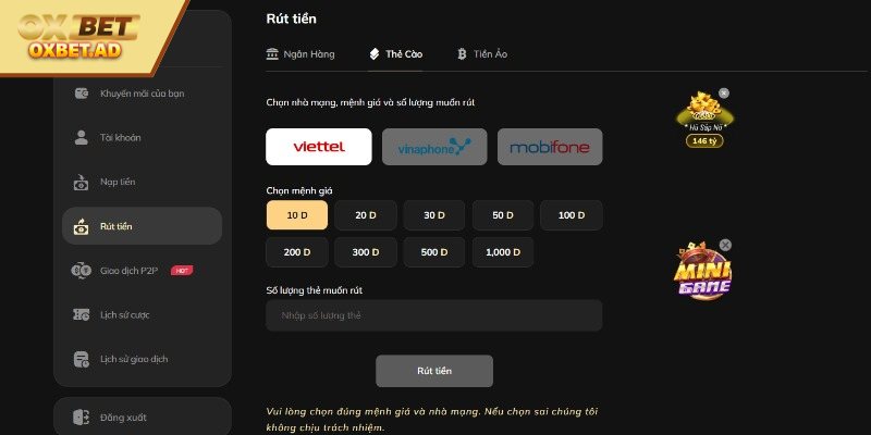 Điều kiện cần biết khi rút tiền OXBET